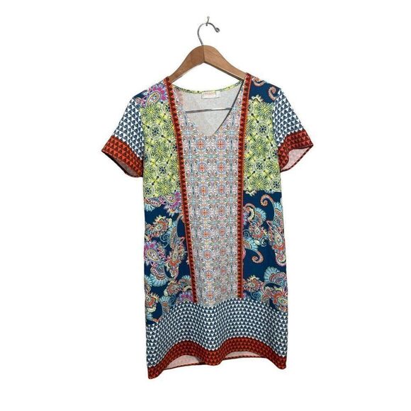 Renee C Paisley Shirt Dress Womens Medium Short Sleeve Shift Multicolor - Picture 1 of 5